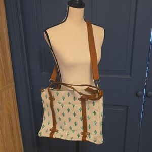 Modcloth Cactus Print Canvas Shoulder Bag with Tan Straps Perfect For Records!